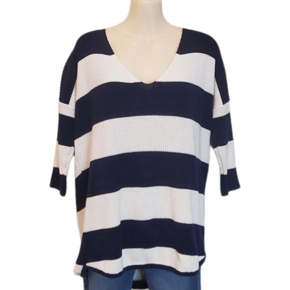 Express Women's Blue & White Striped Sweater Sz Sm‎ VNeck Ribbed